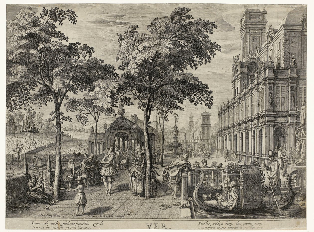 Lente, een gezelschap bij een kasteel door Hendrick Hondius (I)