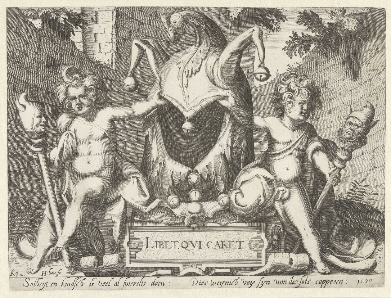 Twee putti met een narrenkap door Hendrick Hondius (I)