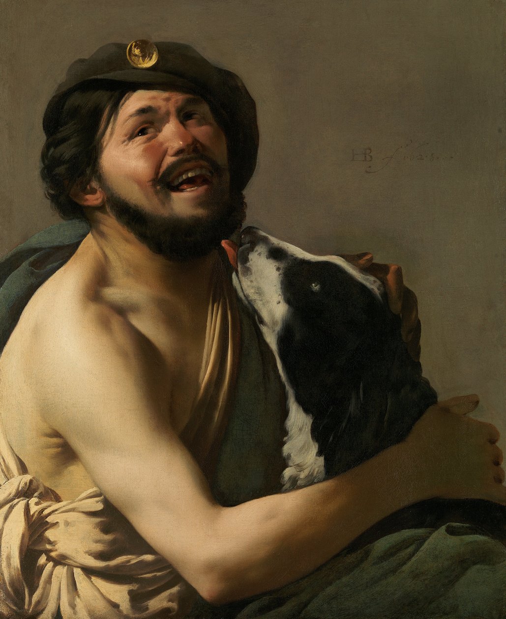 Een lachende bravo met zijn hond Diogenes, 1628 door Hendrick Jansz Terbrugghen