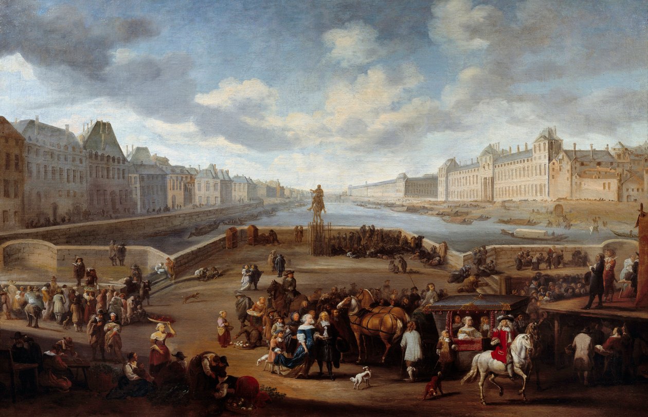 Uitzicht op Parijs met het Louvre, genomen vanaf de Henri IV-brug door Hendrick Mommers