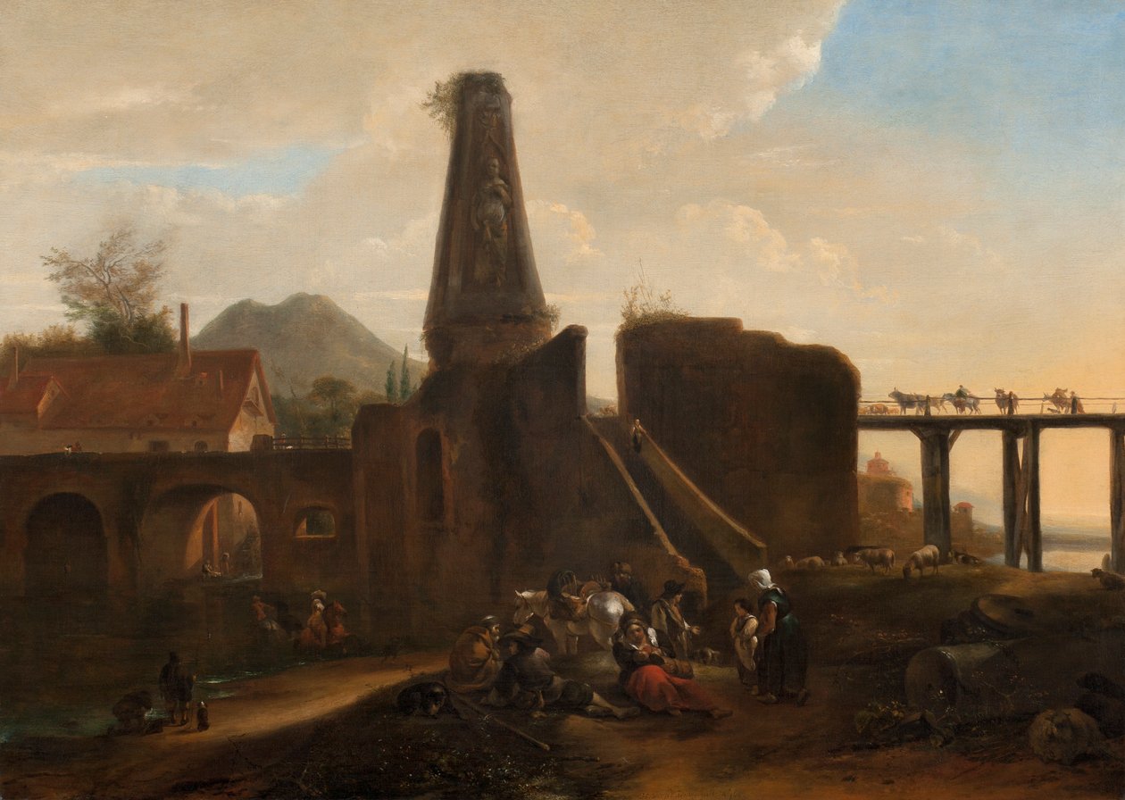Reizigers in rust bij klassieke ruïnes, 1663 door Hendrick Verschuring
