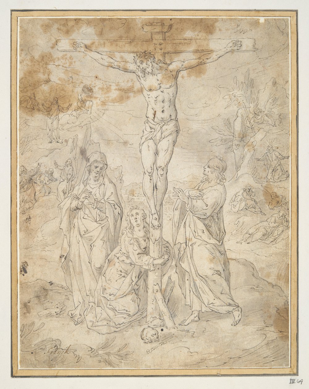 Christus aan het kruis tussen de Maagd en Sint Jan met scènes van de Passie op de achtergrond door Hendrick de Clerck