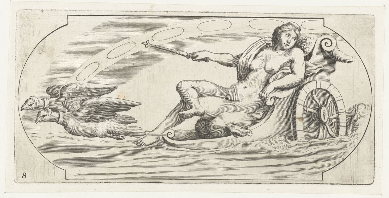 Aurora op een strijdwagen (Nouveau Livre des Dieux et Deeßes De la Marine Bouckje van Zeegoden en Godinnen) door Hendrick de Keyser (I)
