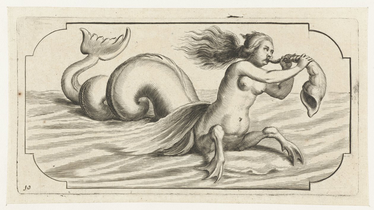 Een vrouwenfiguur blaast op een schelp (Nouveau Livre des Dieux et Deeßes De la Marine Bouckje van Zeegoden en Godinnen) door Hendrick de Keyser (I)