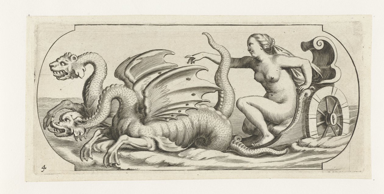 Godin op een strijdwagen (Nouveau Livre des Dieux et Deeßes De la Marine Bouckje van Zeegoden en Godinnen) door Hendrick de Keyser (I)