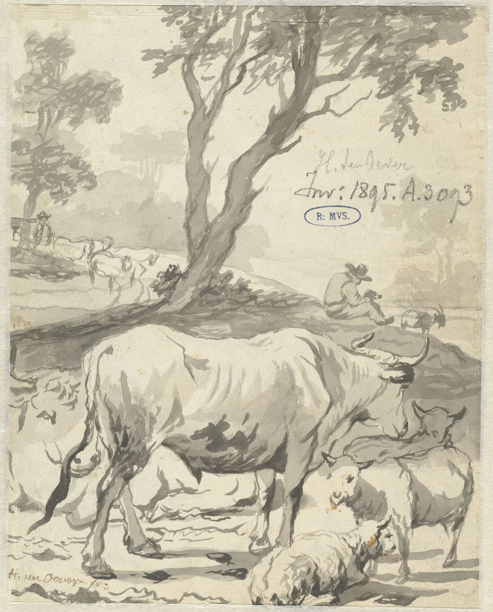 Herder met koeien en schapen onder een boom door Hendrick ten Oever