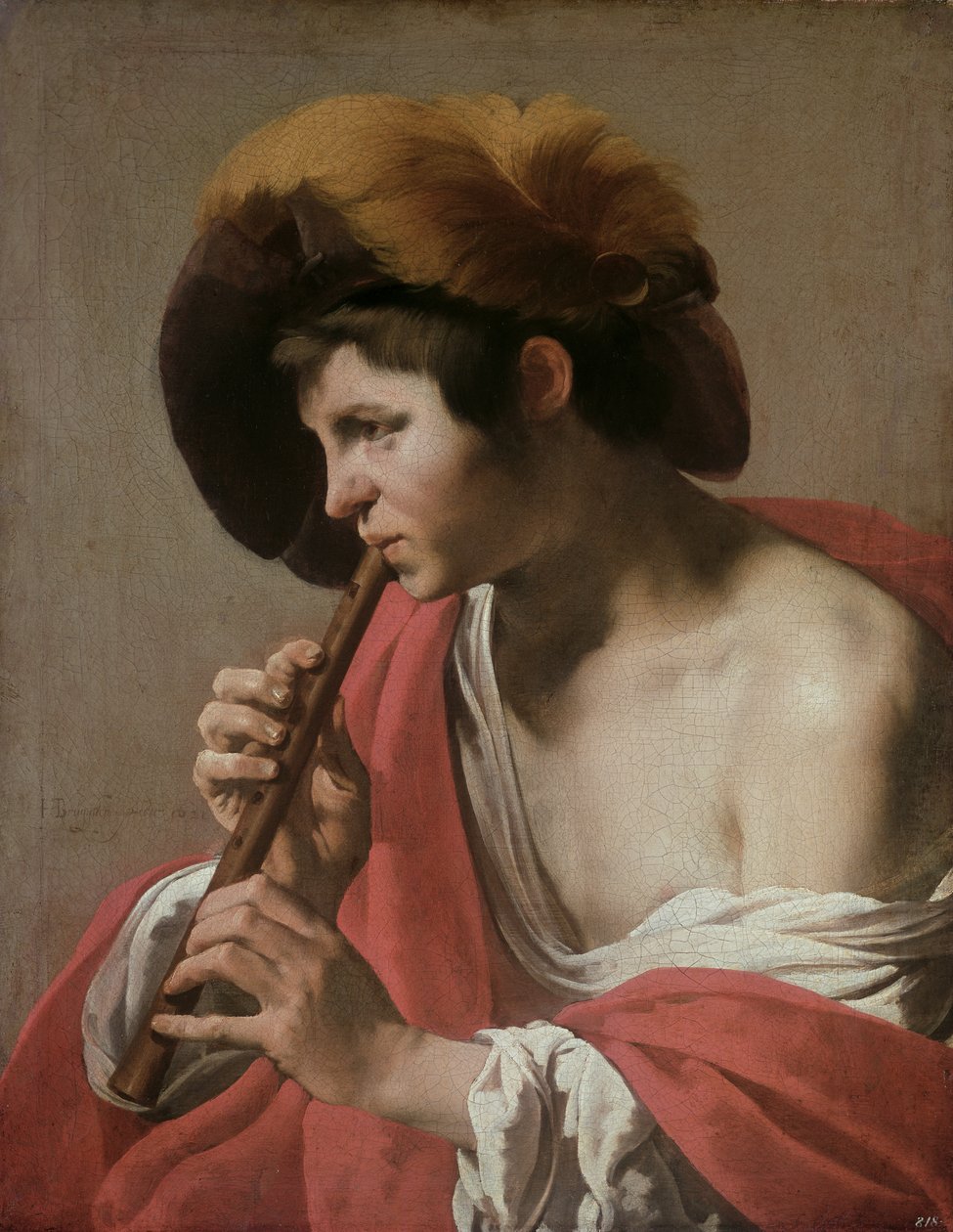 Knaap die een blokfluit speelt door Hendrick ter Brugghen