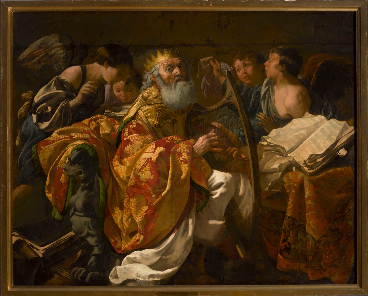 Koning David speelt op de harp, omringd door engelen door Hendrick ter Brugghen