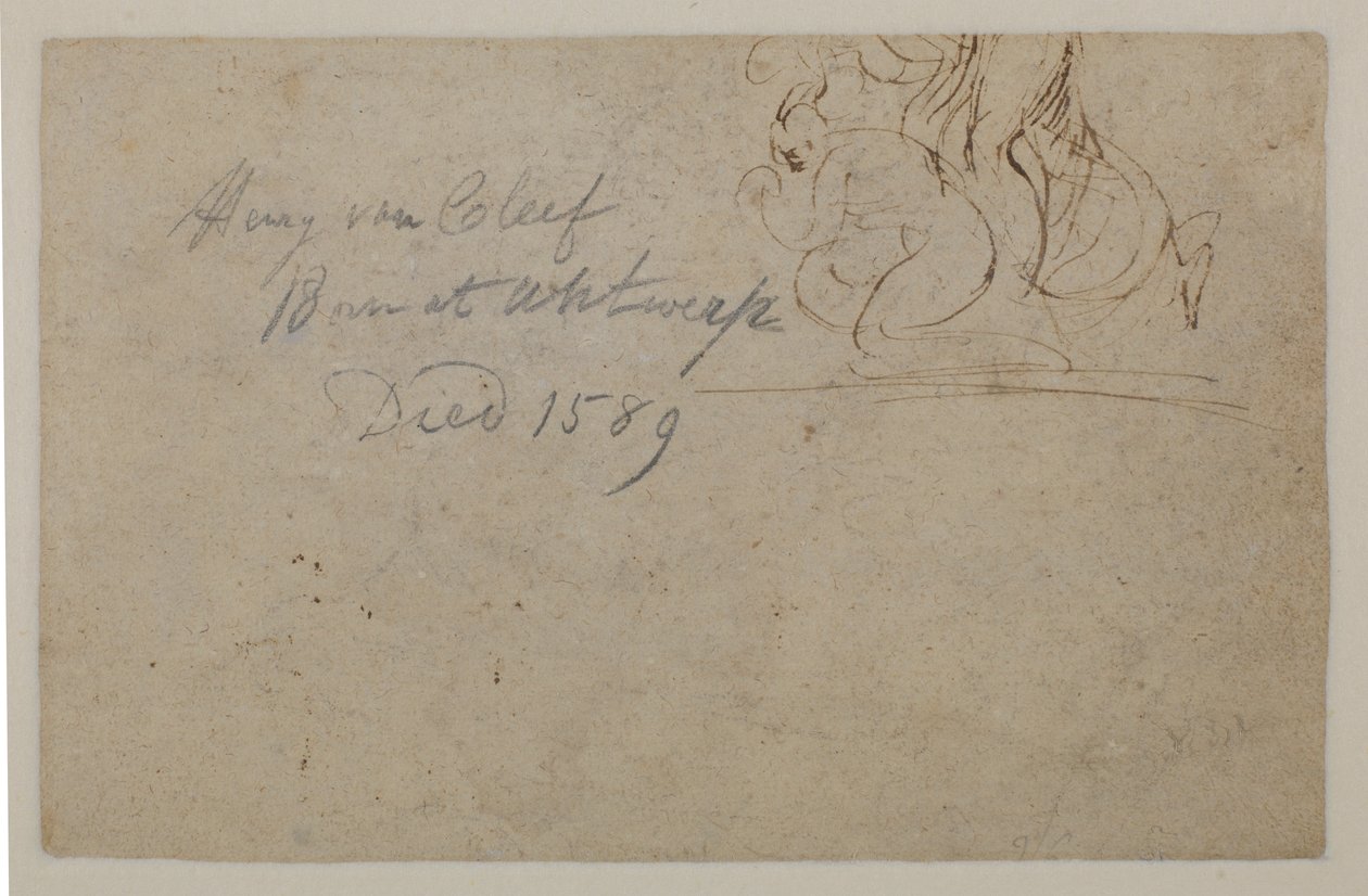 Annotatie door een latere hand. Schets van een gehurkte figuur en een steigerend paard, ?, 16e eeuw door Hendrick van Cleve