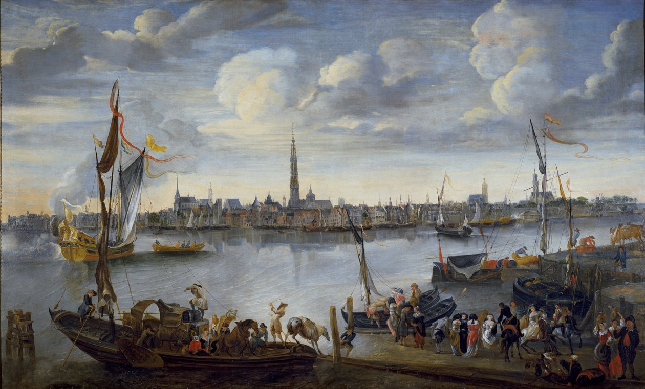 Uitzicht op de wegen van Antwerpen vanaf de westelijke oever door Hendrick van Minderhout