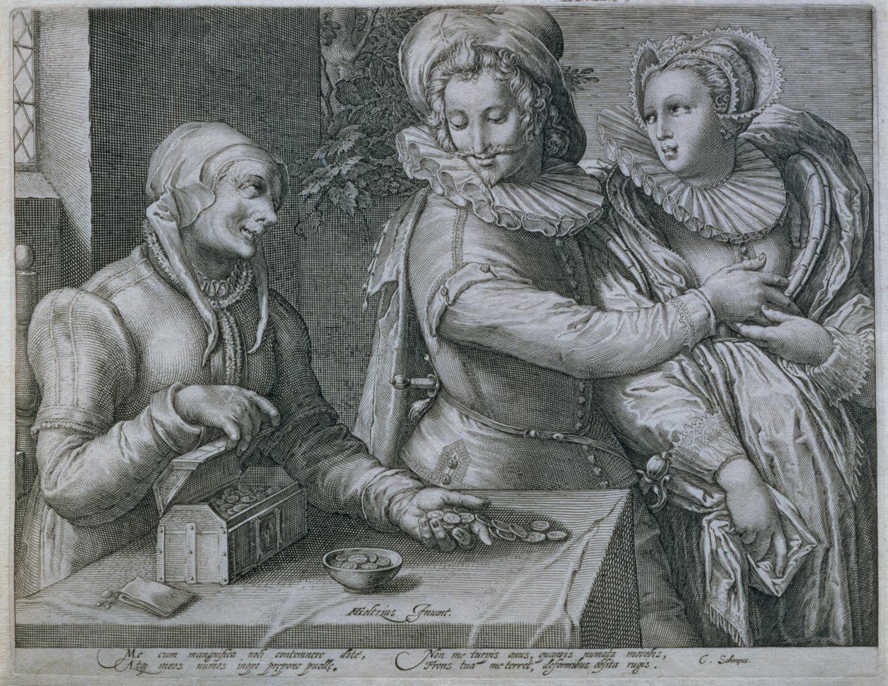 Een Jonge Man die Schoonheid boven Rijkdom Kiest, gegraveerd door Jacob Matham (1571-1631) door Hendrik Goltzius
