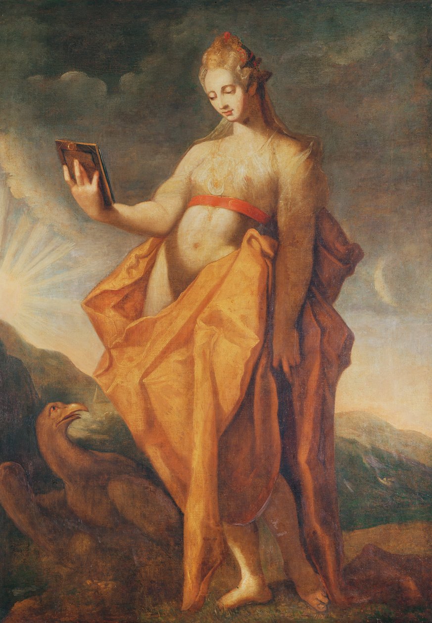Leto, zwanger van de tweelingen Artemis en Apollo, met de adelaar van Zeus aan haar voeten door Hendrik Goltzius