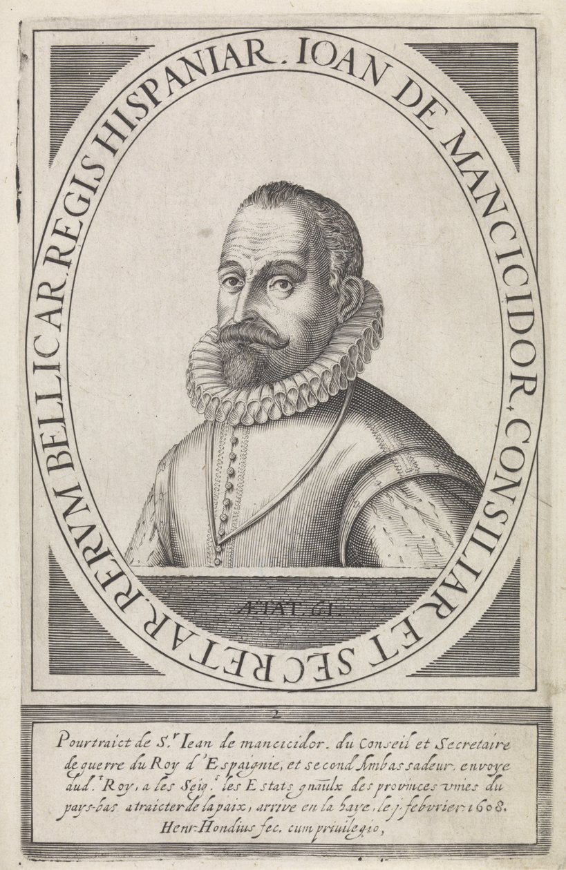 Juan de Mancicidor, uit Belgiae Pacificatorum Vera Delineatio (1608) door Hendrik I Hondius