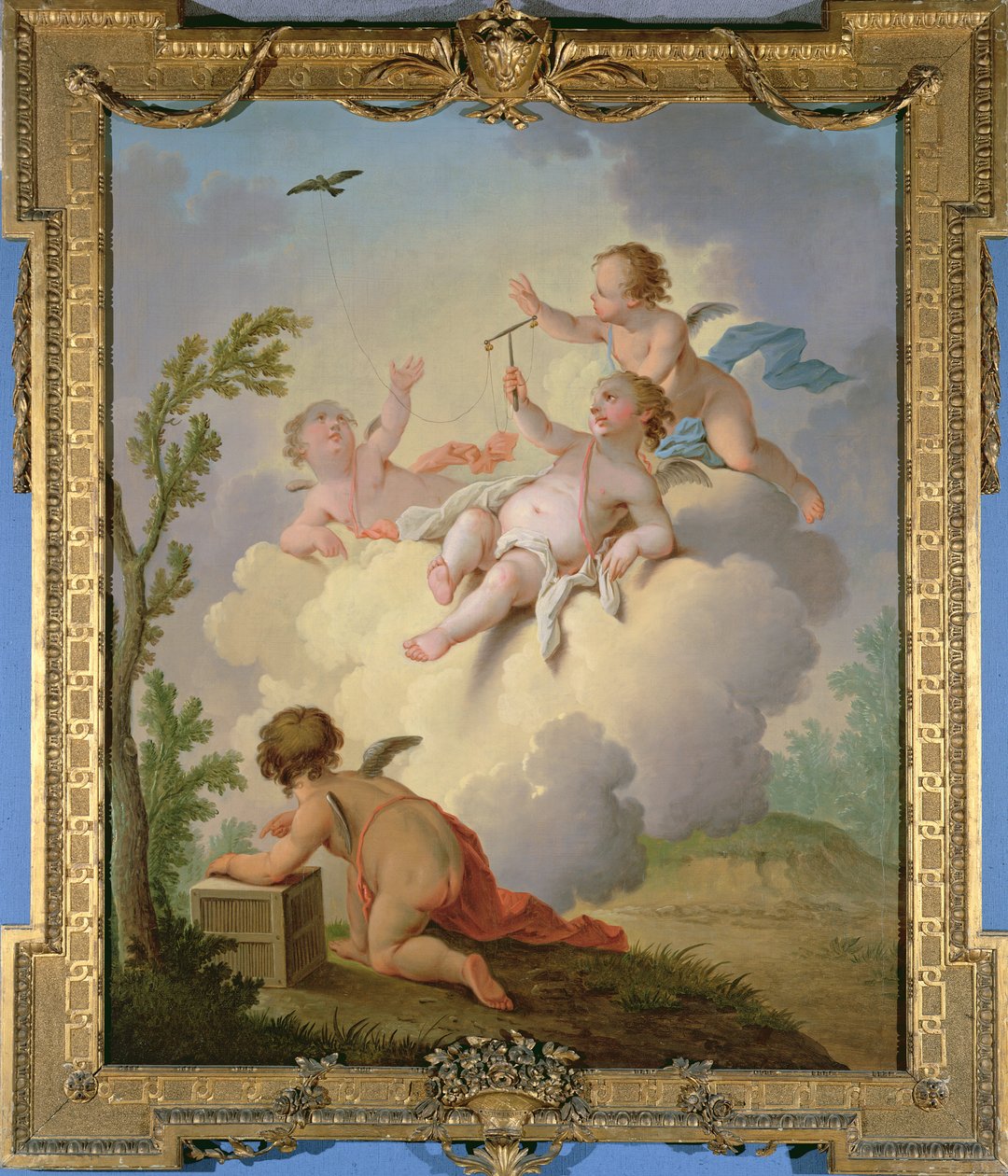 Engelen die met een vogel spelen in een landschap door Hendrik Willem Schweickardt