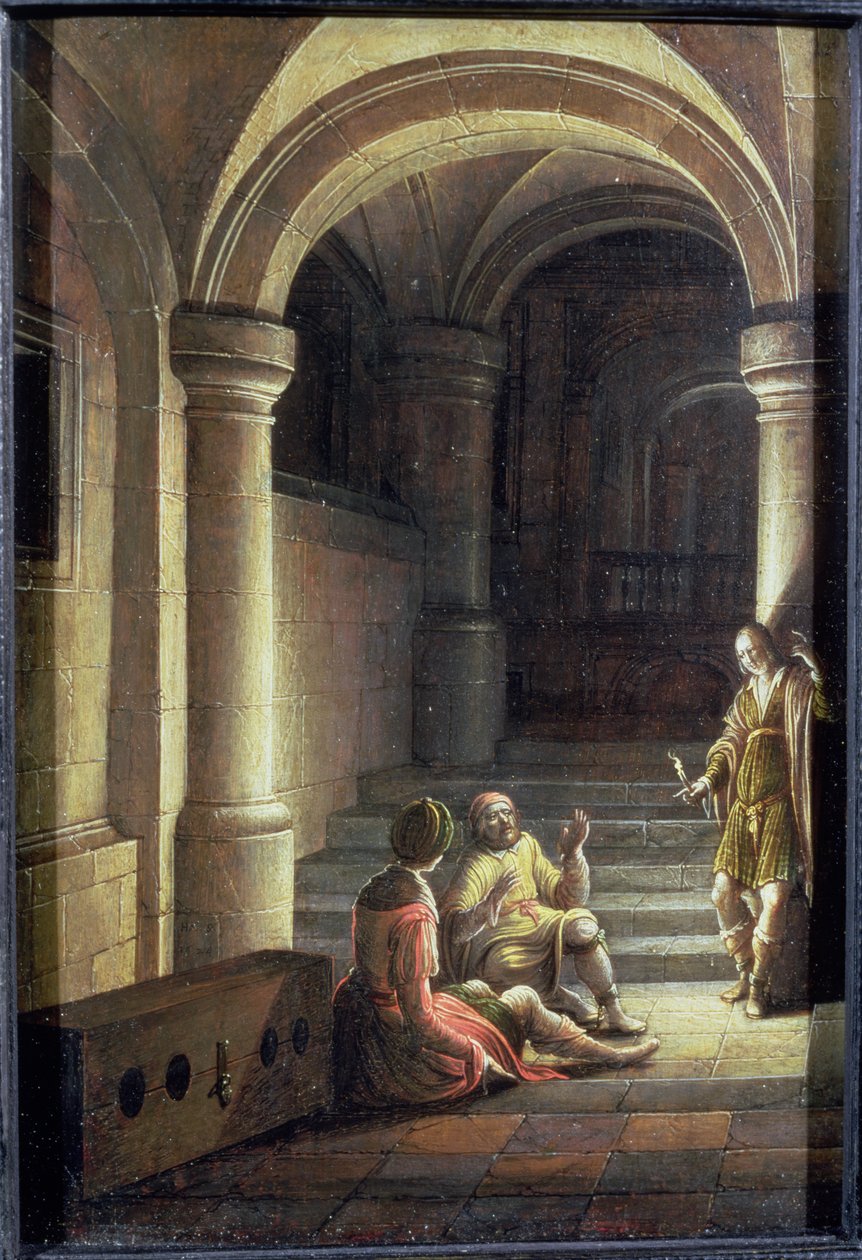 Jozef in de gevangenis die de dromen van de bakker en de schenker uitlegt, 1624 door Hendrik the Younger Steenwyck