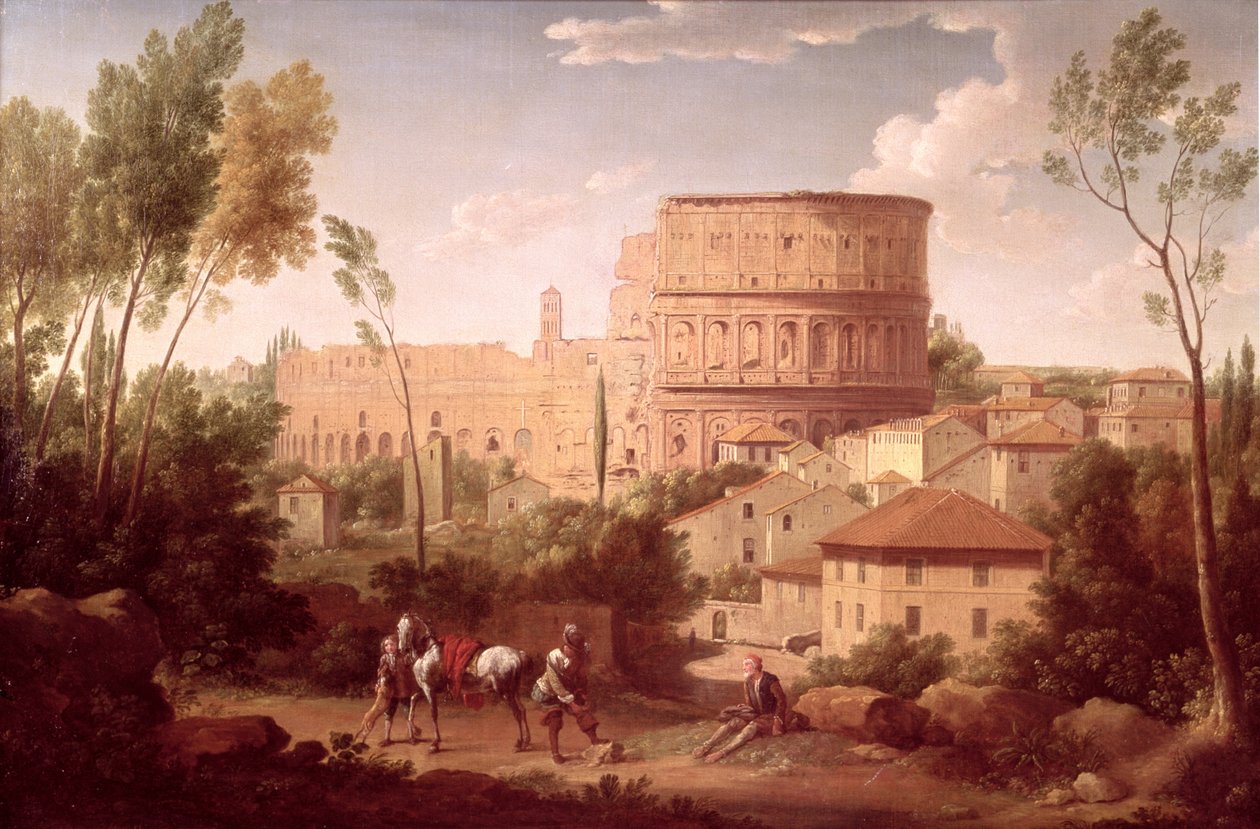 Een uitzicht op het Colosseum met een reiziger, 1731 door Hendrik van Lint