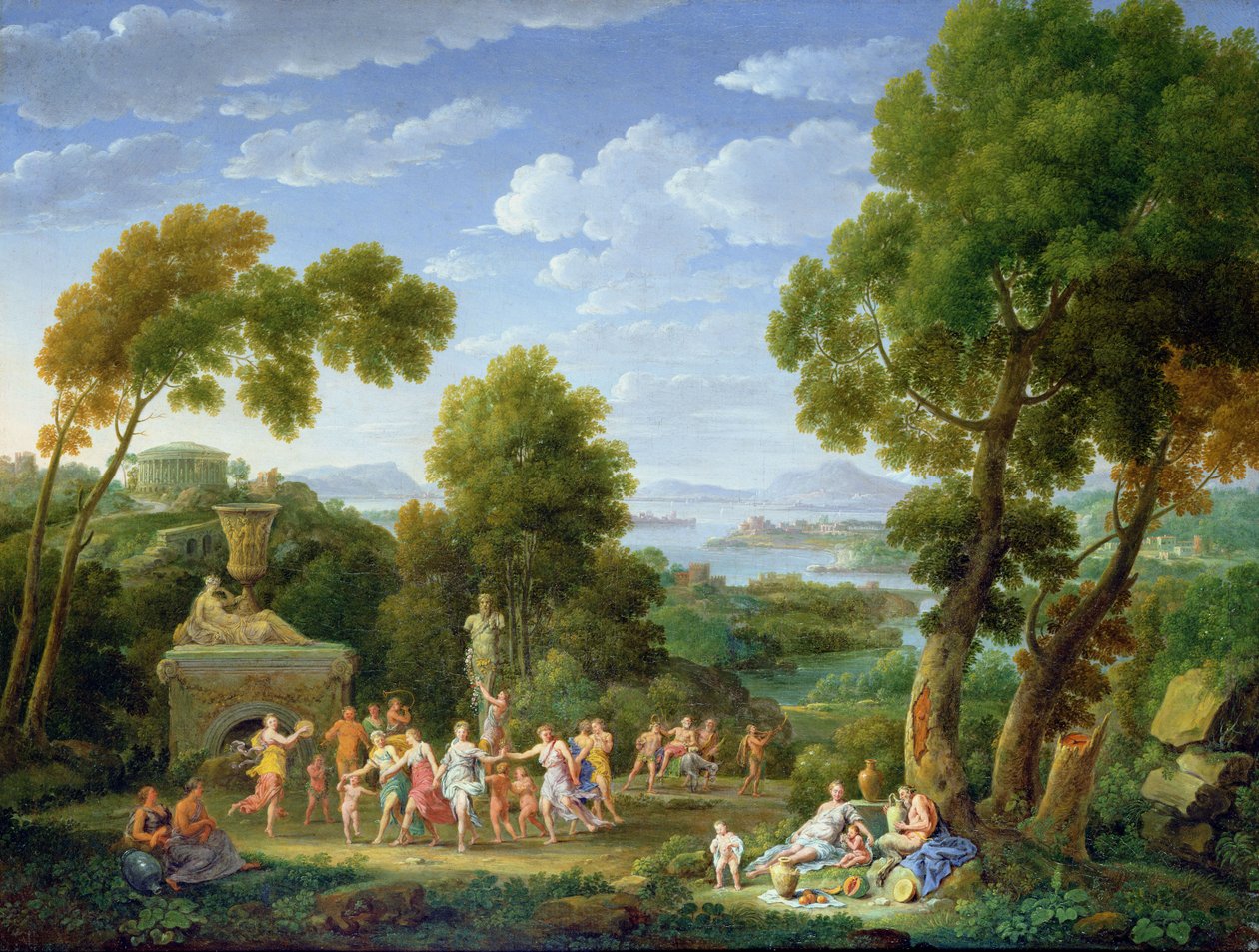 Een bebost Italiaans landschap met dansende nimfen door Hendrik van Lint