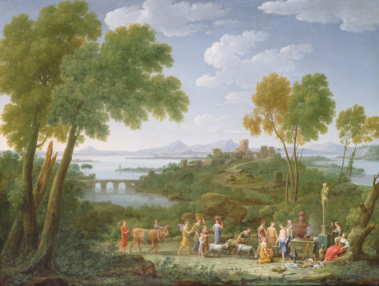 Een uitgestrekt Italiaans landschap met een offer door Hendrik van Lint