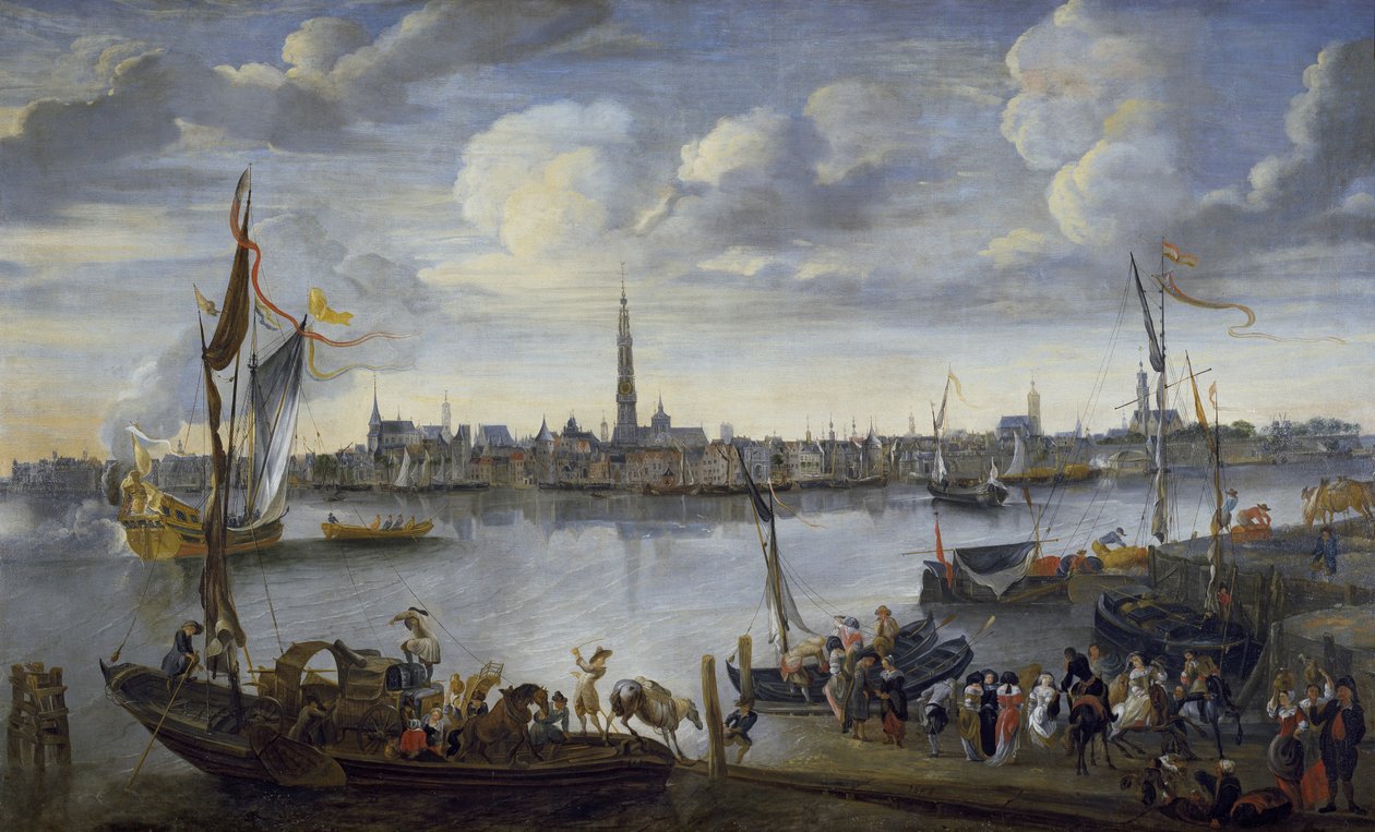 Antwerpen vanaf de overkant van de Schelde, 17e eeuw door Hendrik van Minderhout