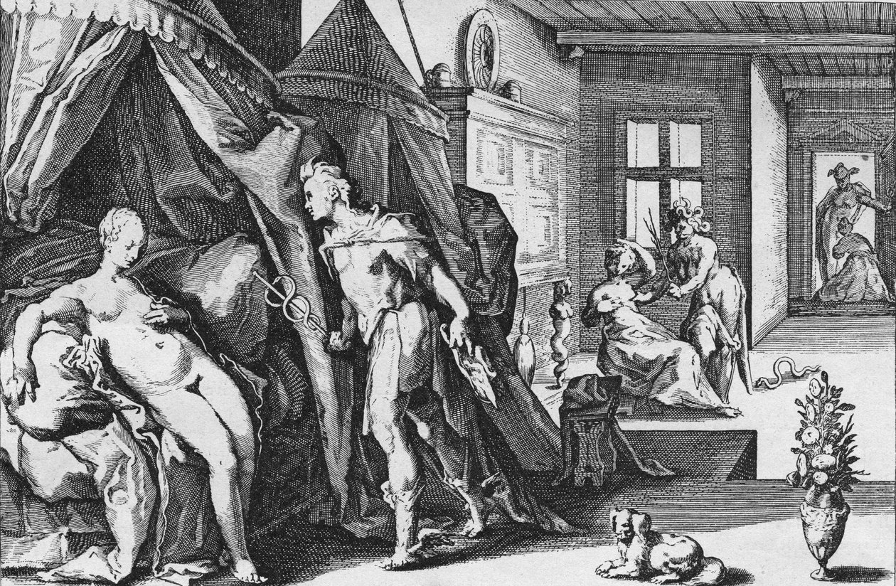 Mercurius betreedt de kamer van Herse na Agraulos in steen te hebben veranderd, uit Ovidius, Metamorfosen, Boek II - Anoniem, Nederlands door Hendrik (after) Goltzius