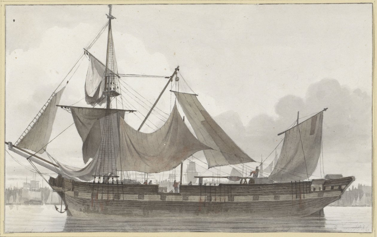 Driemaster onder noodtuig, een haven binnenlopend met zwakke wind door Hendrik Abraham Klinkhamer