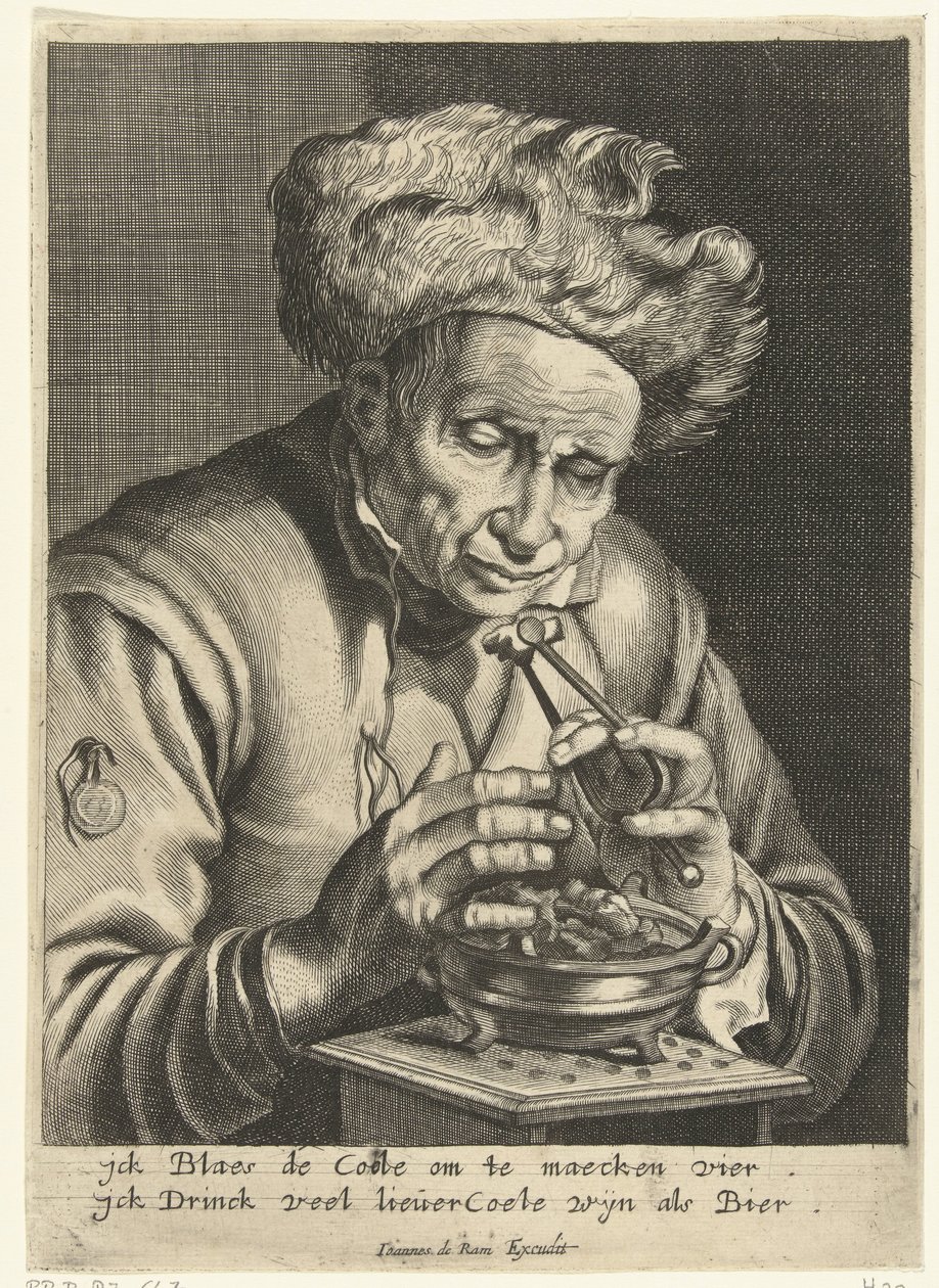 Oude man die een kooltje aanblaast door Hendrik Bary