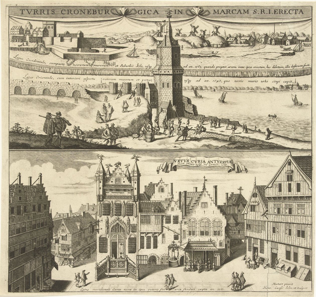 Gezicht op de Kroonenburg en het Oude stadhuis van Antwerpen door Hendrik Causé