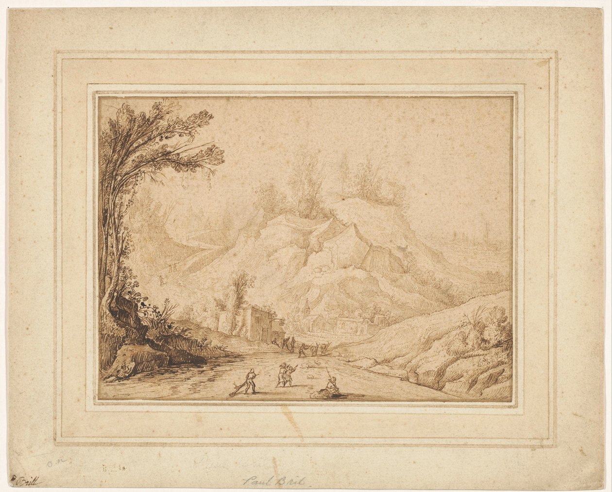 Berglandschap met Figuren op een Weg bij een Herberg door Hendrick Cornelisz. Vroom