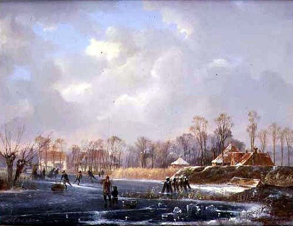 Landschap met figuren op een bevroren rivier door Hendrik Gerrit ten Cate