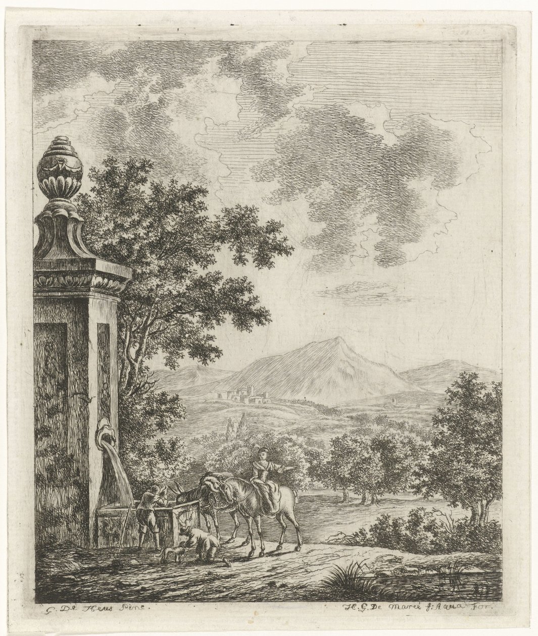 Landschap met figuren bij een bron door Hendrik Godart de Marée