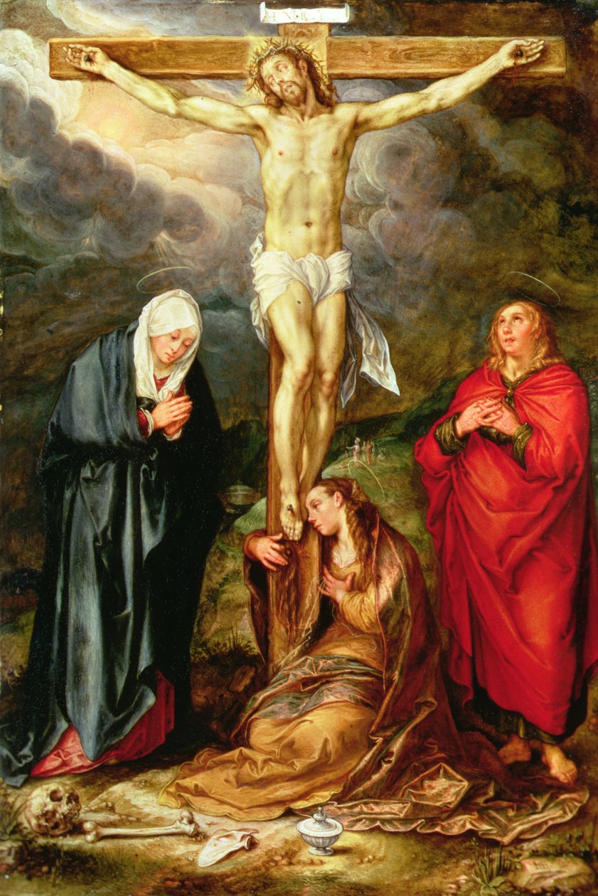 Christus aan het kruis, met Maria, St. Johannes en de Magdalena, c.1600 door Hendrik Goltzius