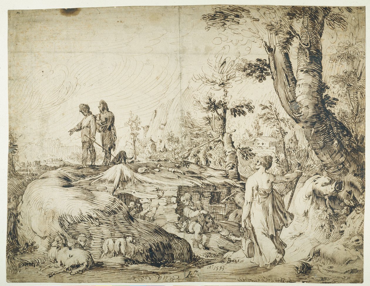 Landschap met boeren bij een hut door Hendrik Goltzius