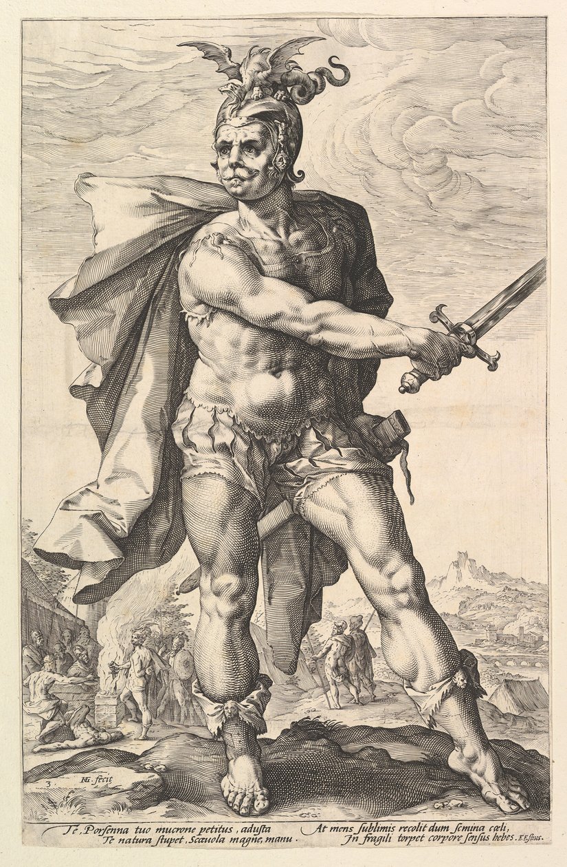 Mucius Scaevola, uit de serie De Romeinse Helden door Hendrik Goltzius