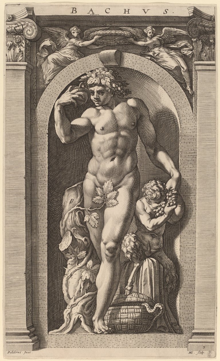 Bacchus door Hendrik Goltzius after Polidoro da Caravaggio
