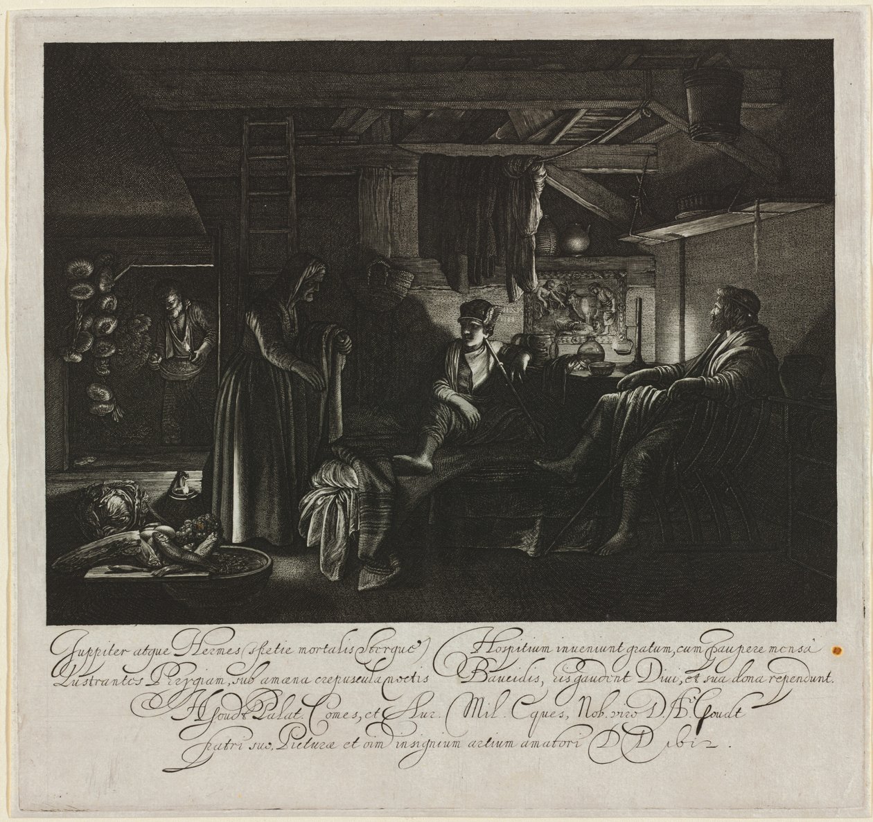 Jupiter en Mercurius in het Huis van Philemon en Baucis door Hendrik Goudt after Adam Elsheimer