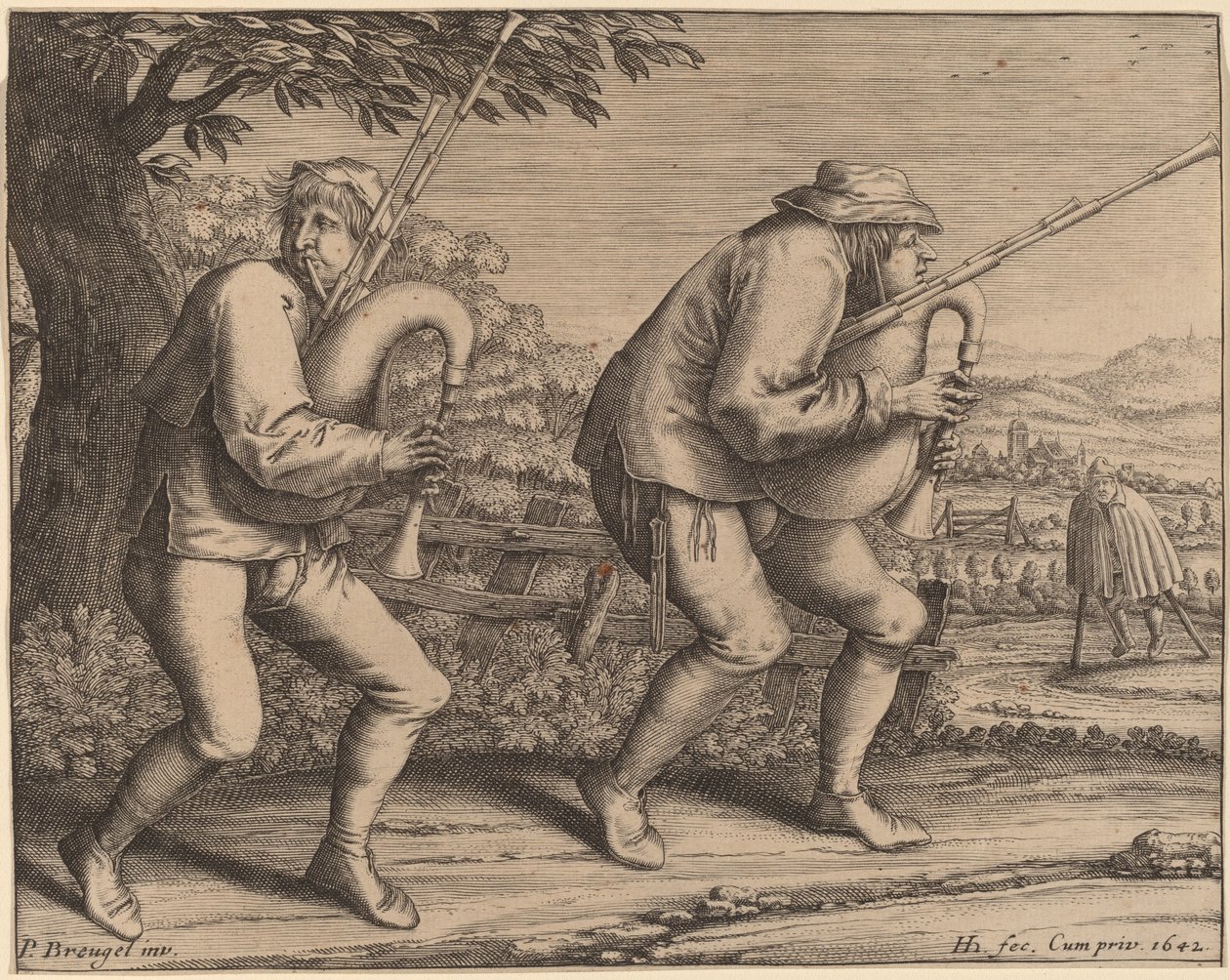 Twee doedelzakspelers door Hendrik Hondius I after Pieter Bruegel the Elder