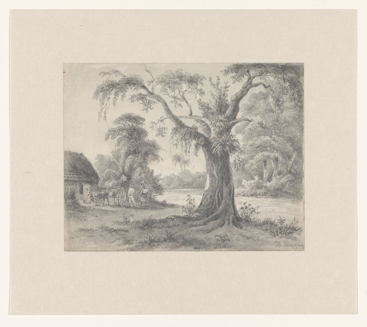 Landschap met een boom en hut met paard en wagen en twee figuren door Hendrik Huygens (signed by artist)