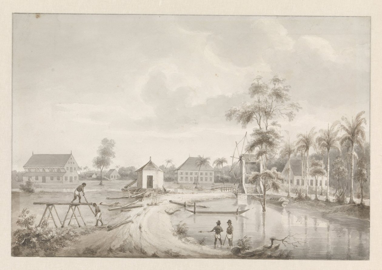 Gezicht op een plantage, mogelijk Rust en Werk. door Hendrik Huygens