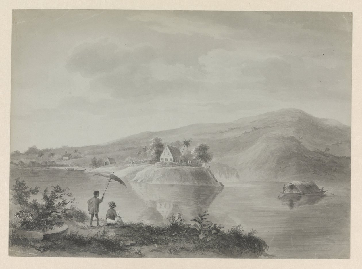 Gezicht op een rivier met enkele huizen, mogelijk Berg en Dal door Hendrik Huygens