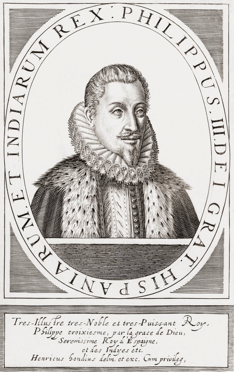 Koning Filips III van Spanje en als Filips II, koning van Portugal door Hendrik I (after) Hondius