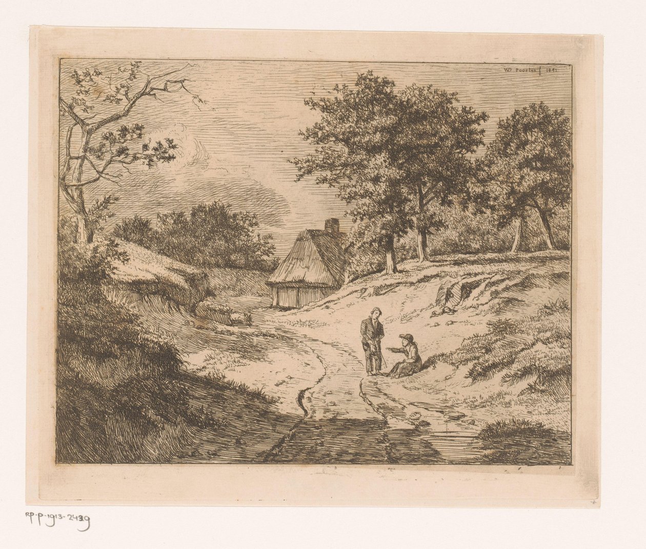 Landschap met persoon die een ander de weg wijst door Hendrik Jozef Franciscus van der Poorten