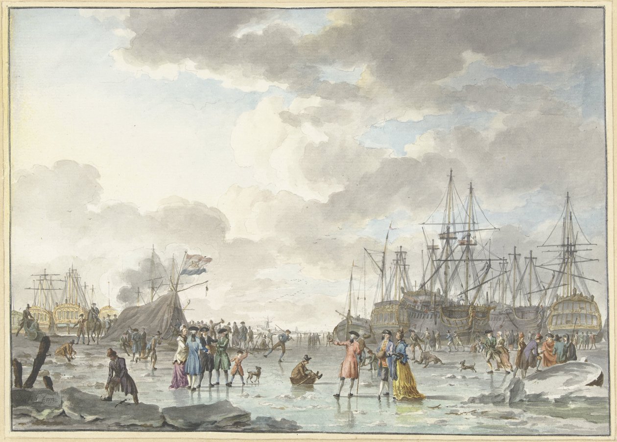 IJsvermaak op een bevroren rivier met schepen door Hendrik Kobell