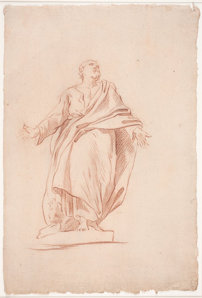 Staande man met uitgestrekte armen, op een sokkel. (Studie naar sculptuur). (Een heilige) door Hendrik Krock