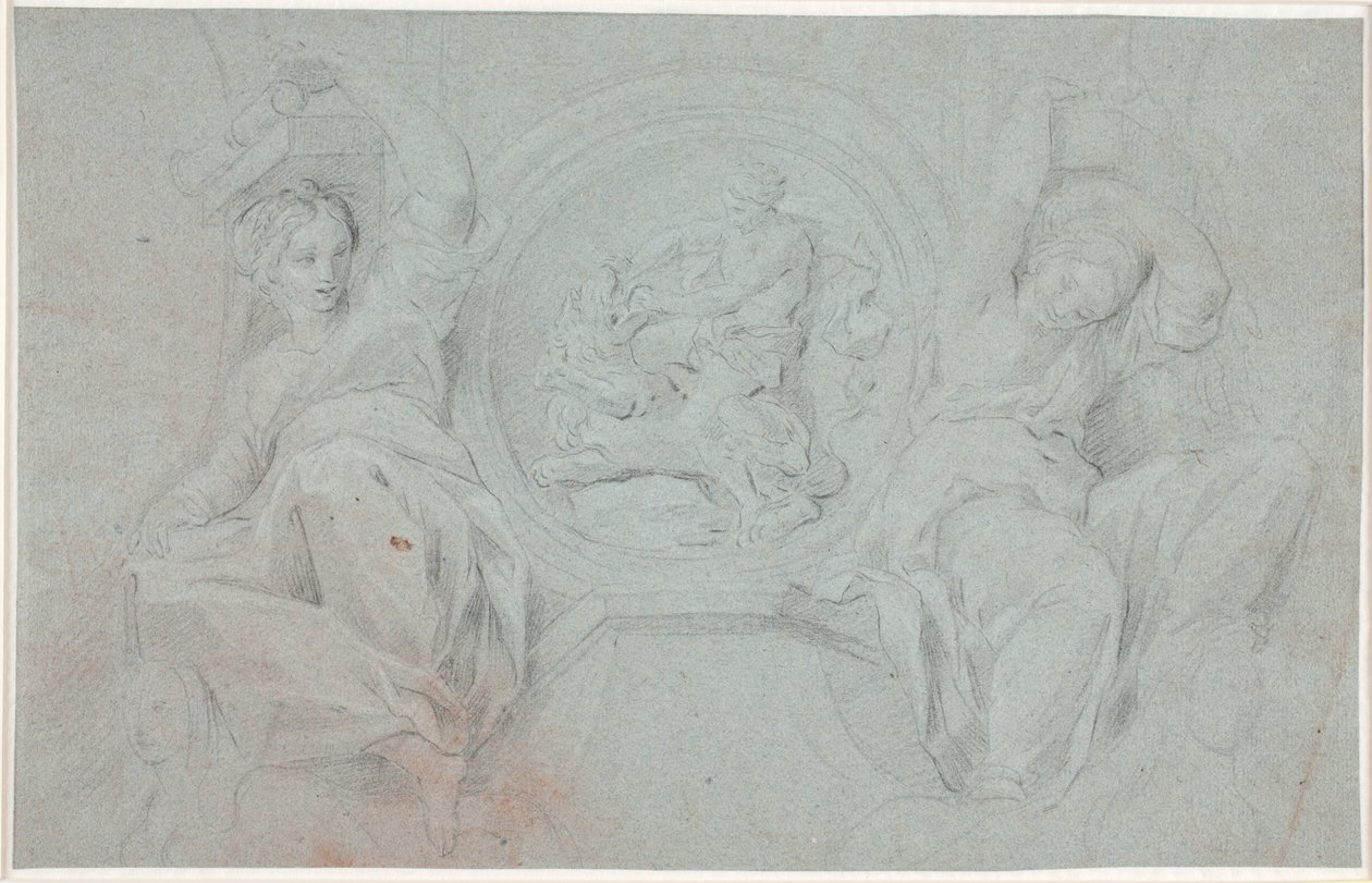 Twee zittende vrouwenfiguren rond een medaillon met Herakles