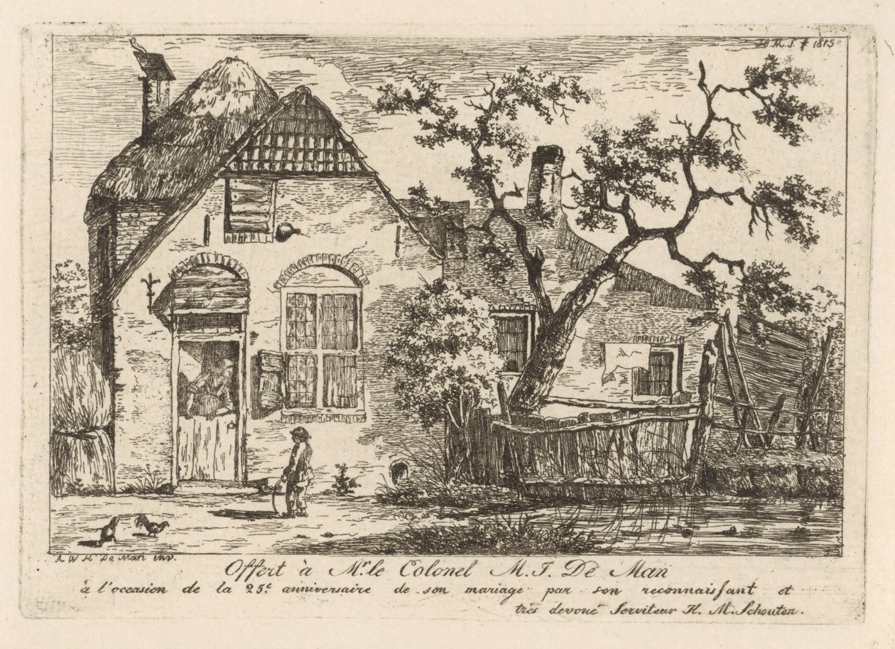 Jongen met hoepel bij een boerderij door Hendrik Marcus Schouten