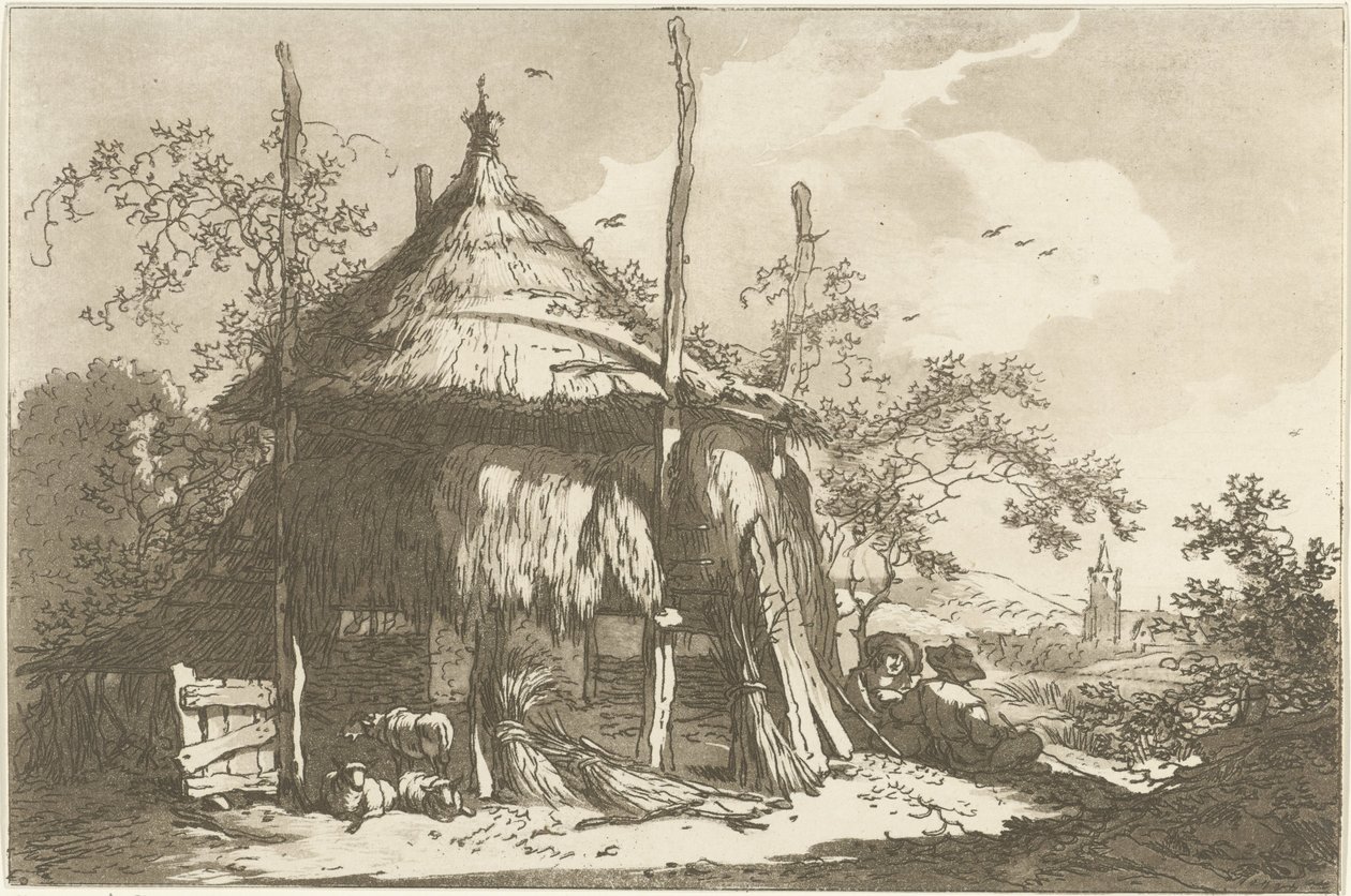 Herders bij een hooiberg door Hendrik Meijer