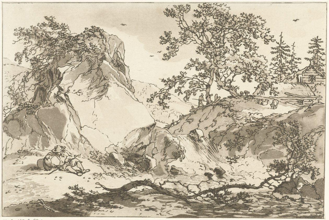 Heuvelachtig landschap met een rustende man door Hendrik Meijer