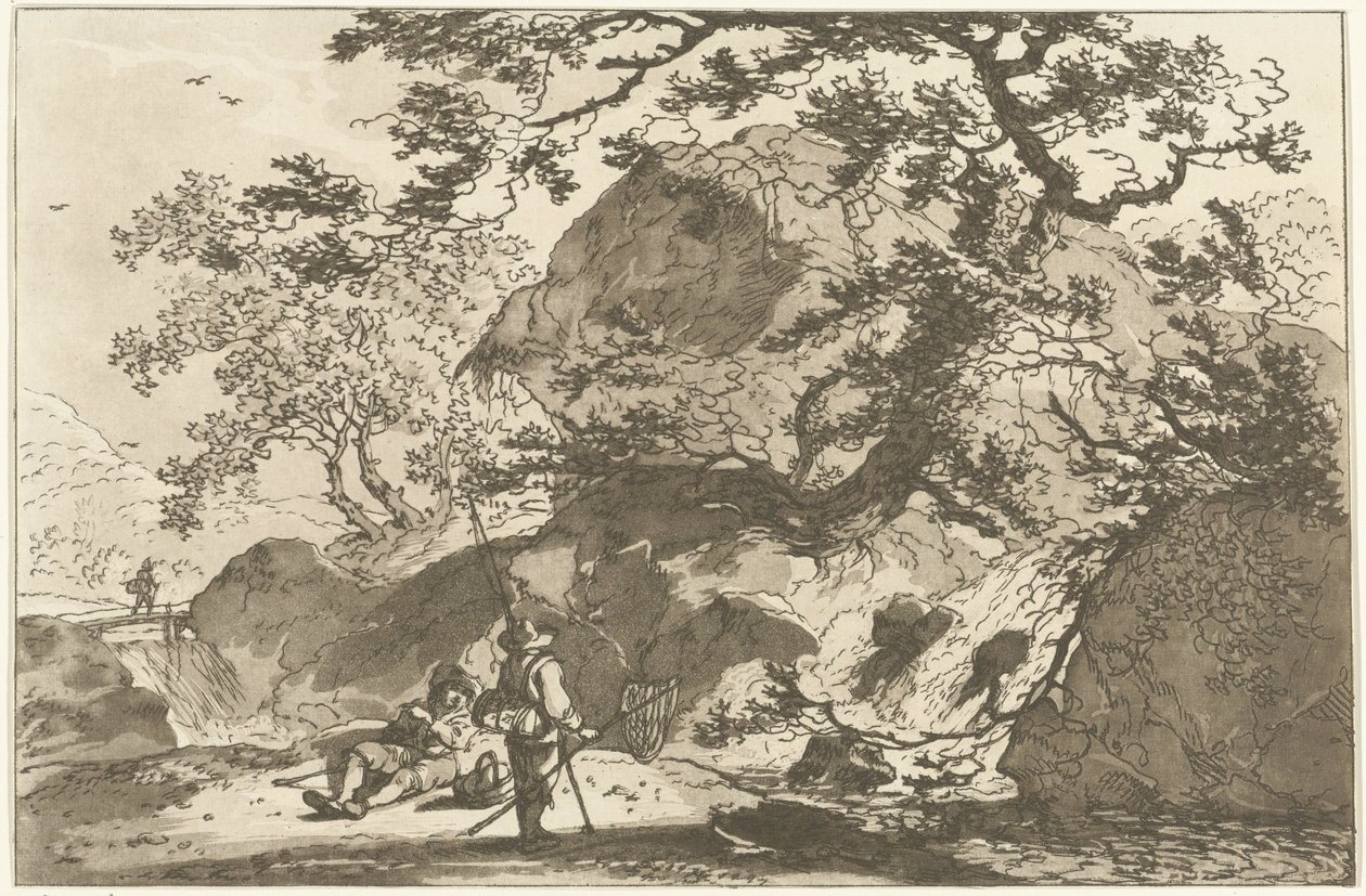 Landschap met een visser en een rustende man door Hendrik Meijer