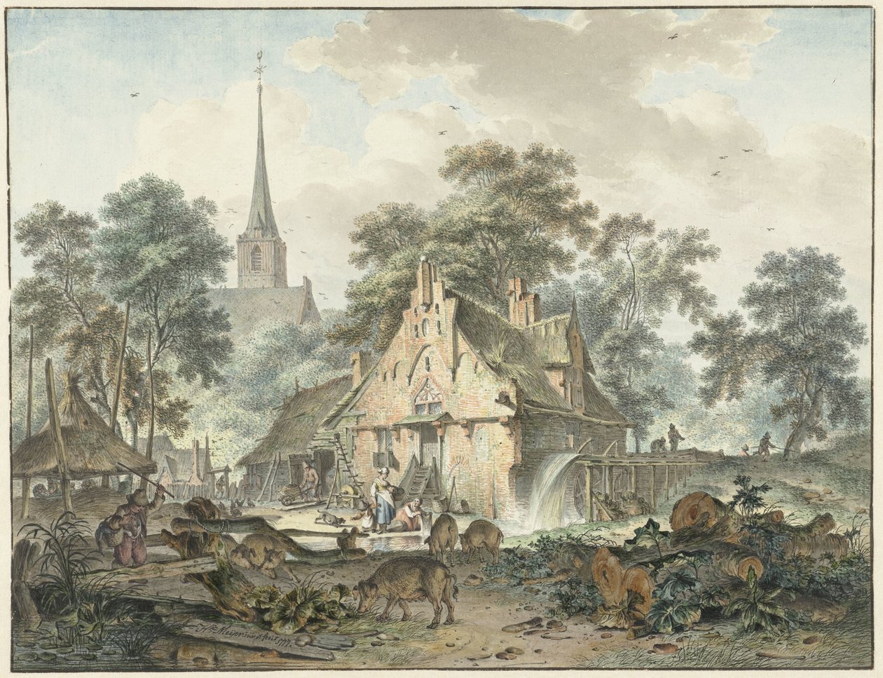 Watermolen en dorpskerk door Hendrik Meijer