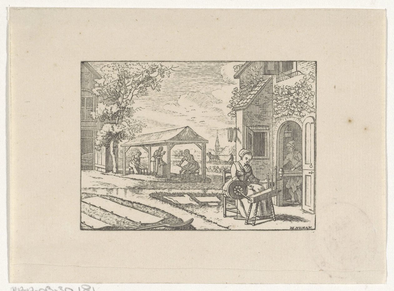 Figuren aan het werk in een textielwerkplaats door Hendrik Numan
